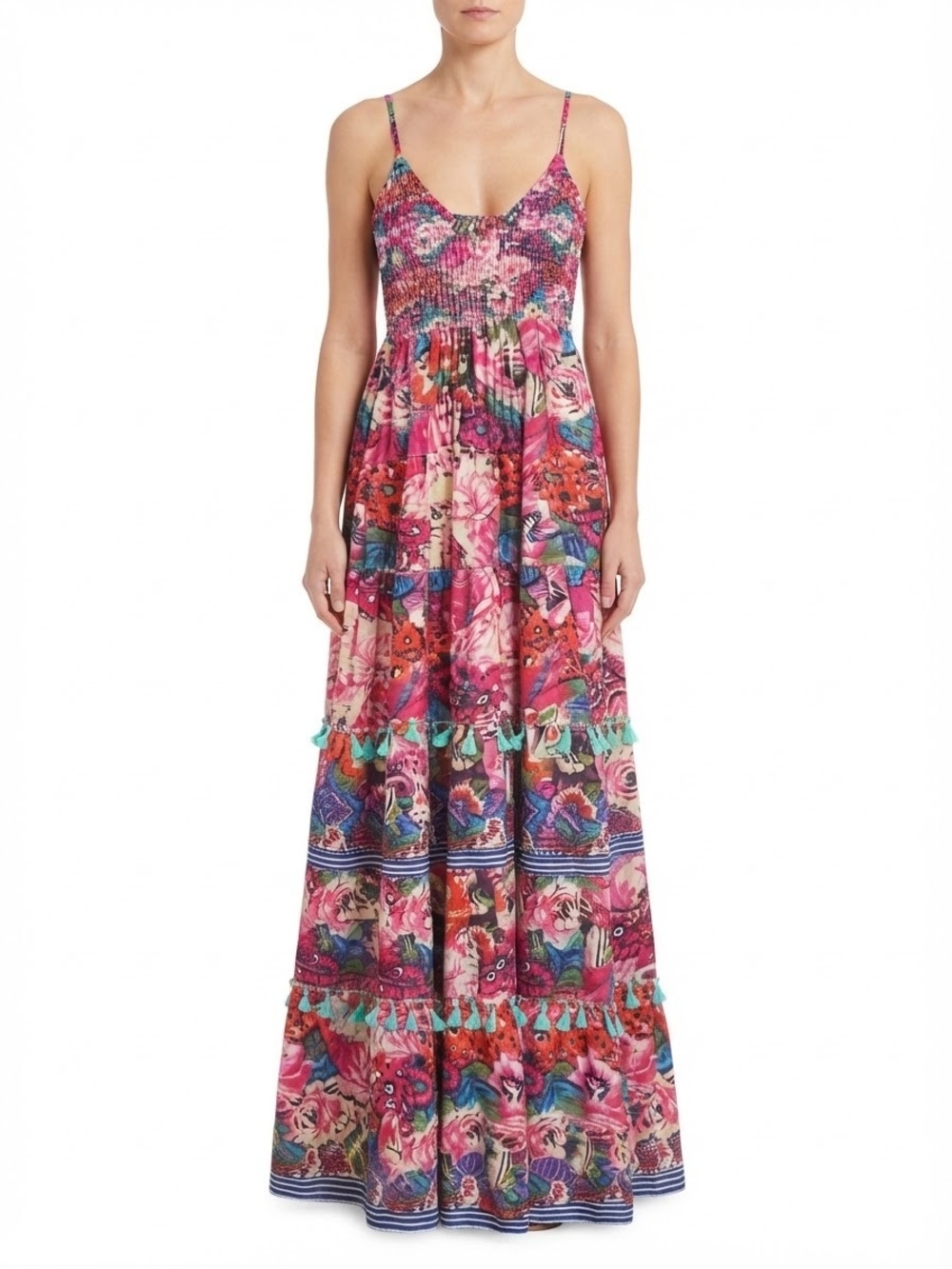 Antica Sartoria Positano Italian Boho Floral Smocked Tiered Maxi Dress One Size